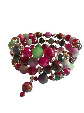 Faceted Agate, Watermelon Tourmaline and Swarovski Crystals Wrap Bracelet